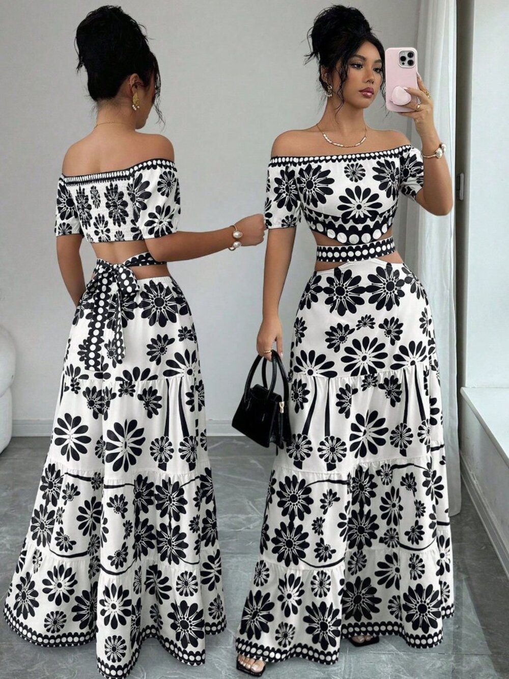 Boho Women's Floral Print Off-Shoulder short Sleeve Hollow Waist maxi Dress - Picture 1 of 6